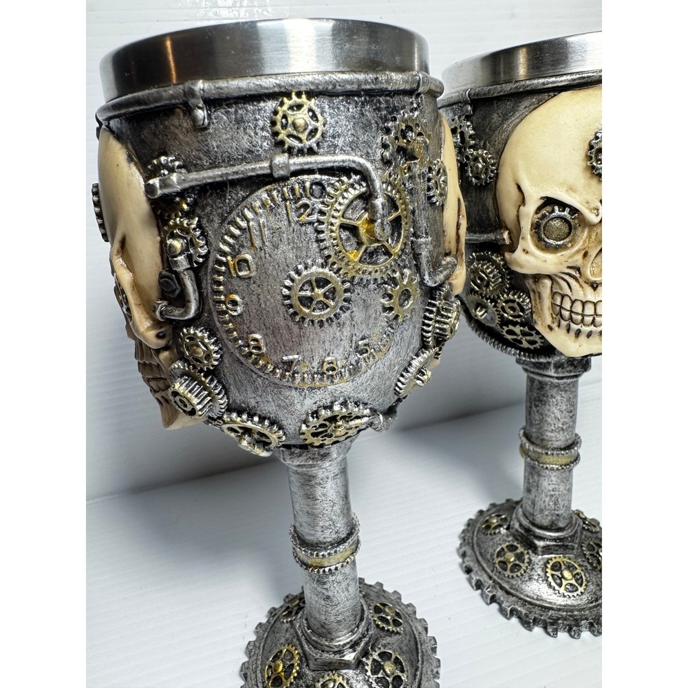 Steampunk Skull Wine Goblet Set of 2 Mechanical Gearwork Skeleton Chalice 7.5 In - Picture 2 of 8